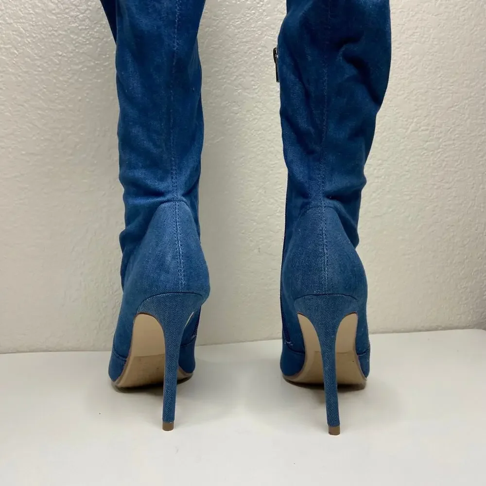 Heart in D Blue Denim Over the Knee Stiletto Boots